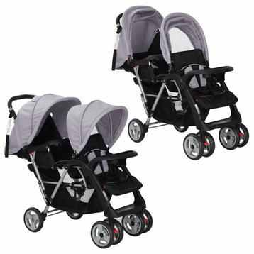 vidaXL Kinderwagen dubbel staal grijs en zwart, Verzenden