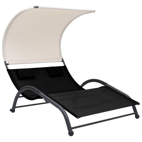 Tweepersoons Ligbed met Luifel - Tweede Kansje - Zwart, Tuin en Terras, Ligbedden, Nieuw, Metaal, Verzenden