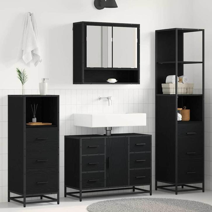 vidaXL Badkamermeubel Set met lade 4 pcs Zwart eiken 80 x 33, Huis en Inrichting, Badkamer | Badkamermeubels, Nieuw, Verzenden