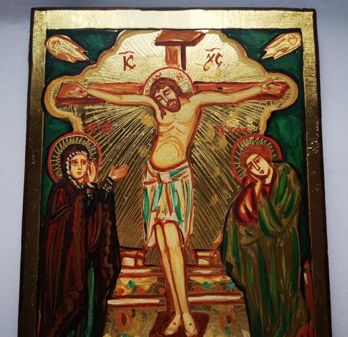 Icône - Icône russe peinte à la main de la crucifixion de, Antiek en Kunst, Antiek | Boeken en Manuscripten