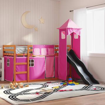 vidaXL Stapelbed met glijbaan en gordijnen roze 90x200 cm, Huis en Inrichting, Verzenden, Nieuw