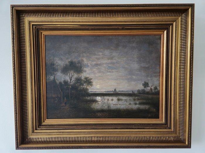 Joan Willem Meijer (1840-1928) - Polder bij Volle Maan, Antiek en Kunst, Kunst | Schilderijen | Klassiek