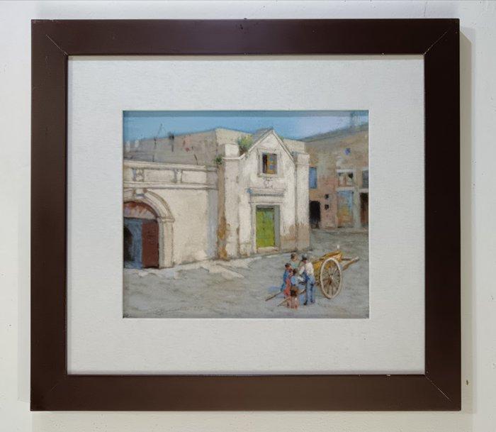 Italiaanse school (XX) - Personaggi in piazza con carretto, Antiek en Kunst, Kunst | Schilderijen | Klassiek