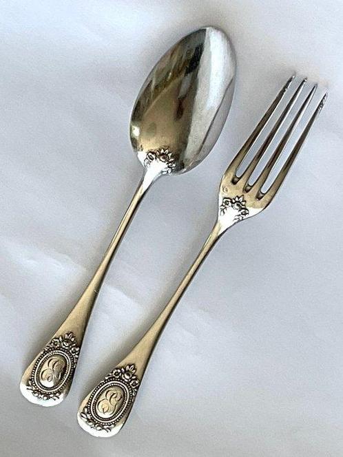 Antieke massief zilveren vork & lepel met sierlijke, Antiek en Kunst, Antiek | Zilver en Goud