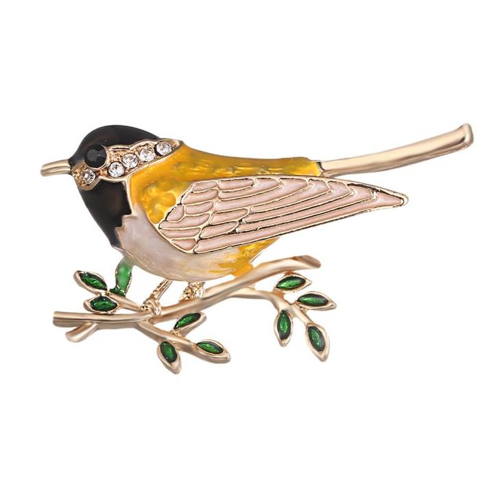 Fako Bijoux - Broche - Vogel - Vogel Op Tak - 45x26mm - Geel, Handtassen en Accessoires, Broches, Verzenden