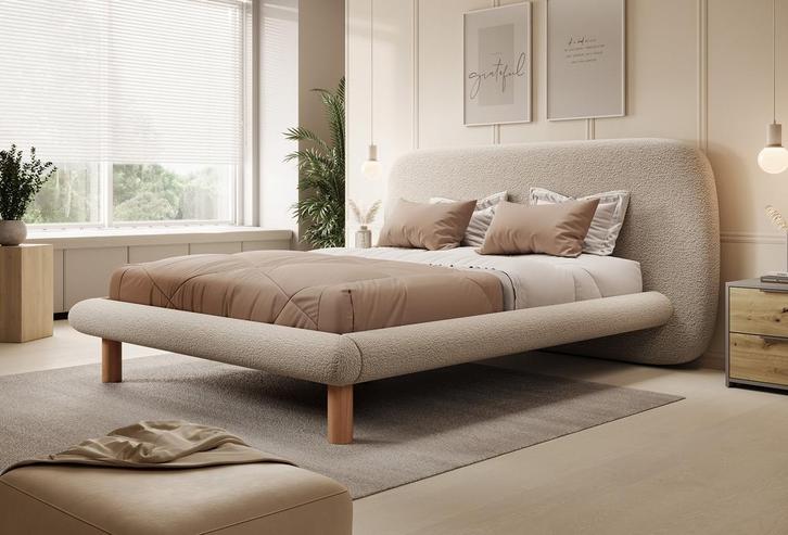 Meubella | Tweepersoonsbed 160x200 beige bouclé stof, Huis en Inrichting, Slaapkamer | Bedden, Nieuw, 160 cm, Verzenden