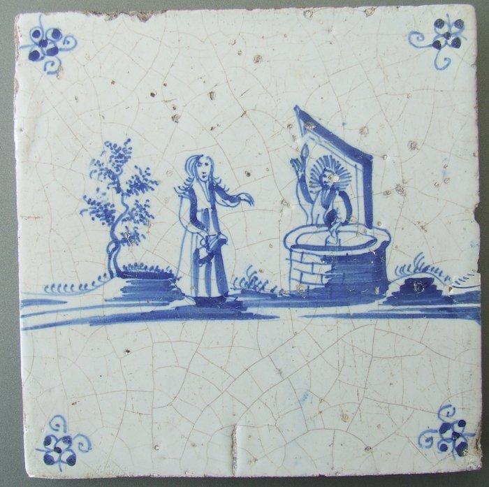 Tegel - 17e eeuwse Bijbeltegel JOH. 4 1-42 - 1650-1700, Antiek en Kunst, Antiek | Glaswerk en Kristal