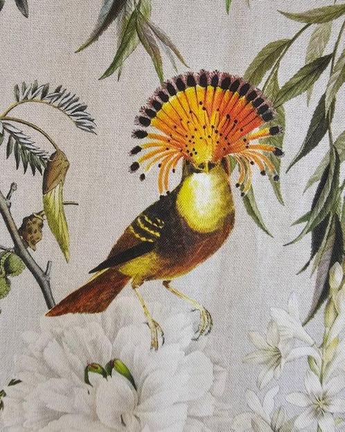 Bohemenstijl stof met oehoe en reiger in grijstinten -, Antiek en Kunst, Antiek | Tapijten, Tafelkleden en Textiel