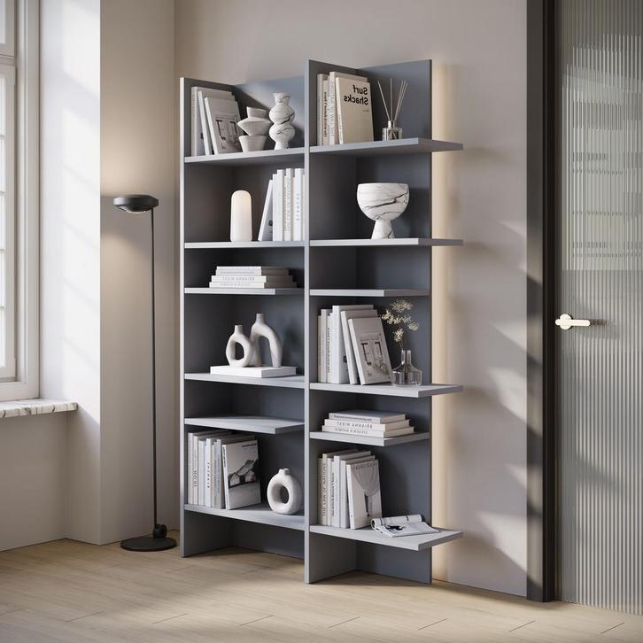 Meubella | Boekenkast grijs 119x32x196cm - LED-verlichting, Huis en Inrichting, Kasten | Boekenkasten, 25 tot 50 cm, Nieuw, 100 tot 150 cm