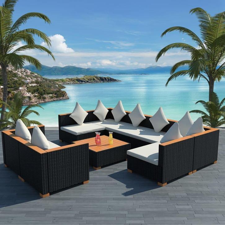 vidaXL 9-delige Loungeset met kussens poly rattan zwart, Tuin en Terras, Tuinsets en Loungesets, Loungeset, Nieuw, Verzenden