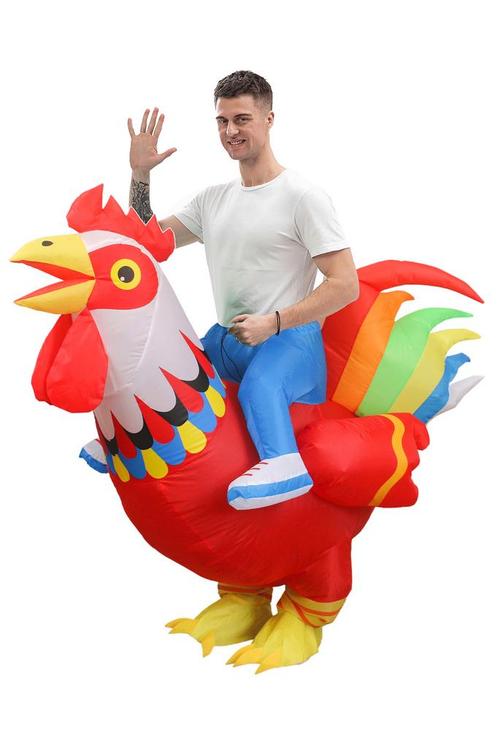 KIMU® Opblaas Kostuum Zittend op Kip Rood Regenboog Opblaasb, Kleding | Heren, Carnavalskleding en Feestkleding, Nieuw, Ophalen of Verzenden