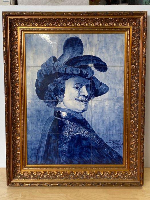 Tegel - Delfsblauwe Tegeltableau- met afbeelding zelfportret, Antiquités & Art, Antiquités | Verre & Cristal