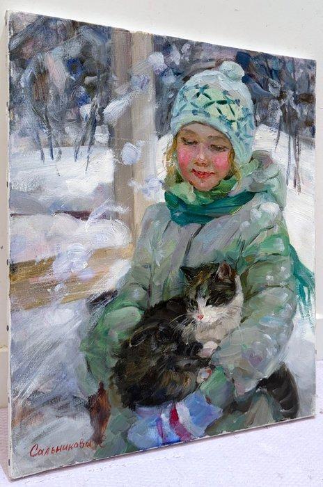Elena Salnikova (1970) - Fillette au Chaton - Hiver est, Antiek en Kunst, Kunst | Schilderijen | Klassiek