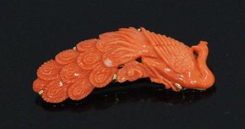Broche - 14 carats Or jaune Corail - Broche de paon