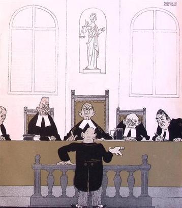 Spotprent over een rechtzaak over oplichting (lijst optie) beschikbaar voor biedingen