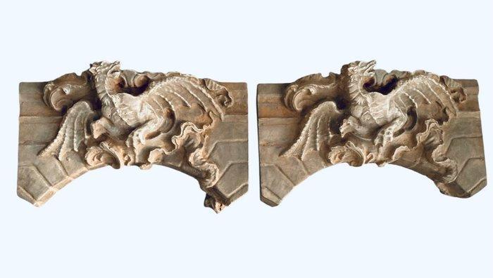 sculptuur, Mensole fregi a muro DRAGO - 25 cm - Zandsteen, Antiek en Kunst, Curiosa en Brocante