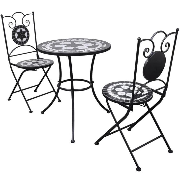 vidaXL 3-delige Bistroset keramische tegel zwart en wit, Tuin en Terras, Tuinsets en Loungesets, Nieuw, Verzenden