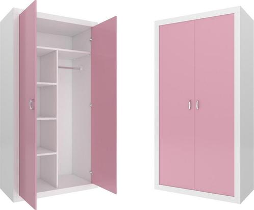 Kledingkast - 90x190x50 cm - wit/roze - 5 schappen - 2 de..., Maison & Meubles, Armoires | Penderies & Garde-robes, Enlèvement ou Envoi