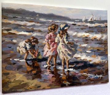 Francis Cristaux (1950) - Fillettes au bord de Mer, Antiquités & Art