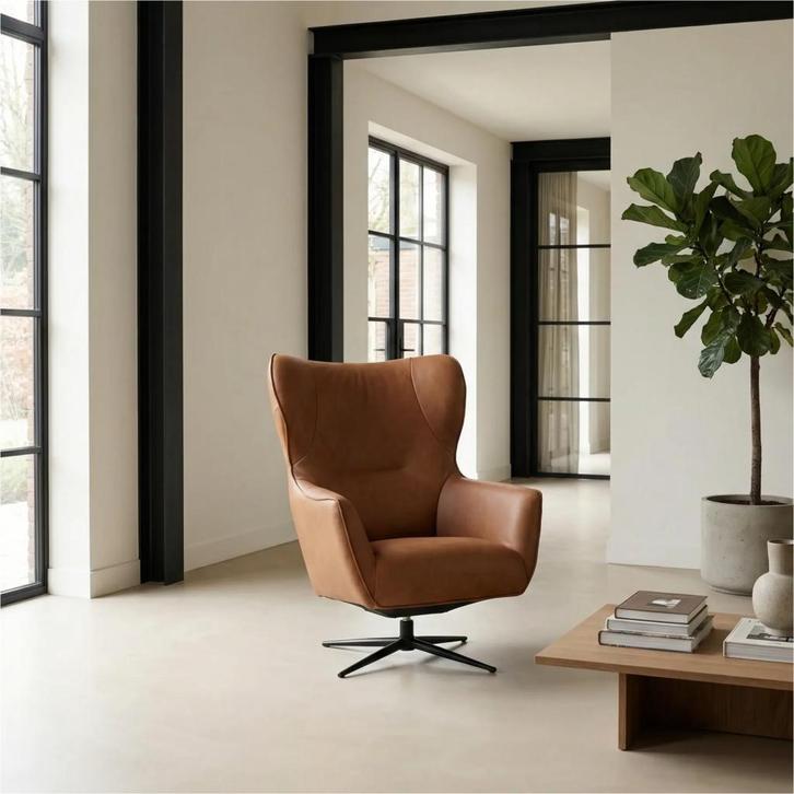 Leren draaifauteuil Leaf - Rancho Cognac (cognac) -, Huis en Inrichting, Fauteuils, 75 tot 100 cm, 75 tot 100 cm, Nieuw, Leer