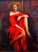 Anke Brokstra (1940-2021) - Zittende vrouw in rode jurk, Antiek en Kunst