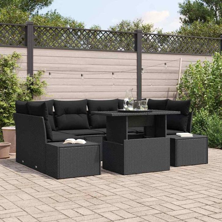vidaXL Bankstel met kussen 7 pcs Zwart poly rattan, Tuin en Terras, Tuinsets en Loungesets, Nieuw, Verzenden