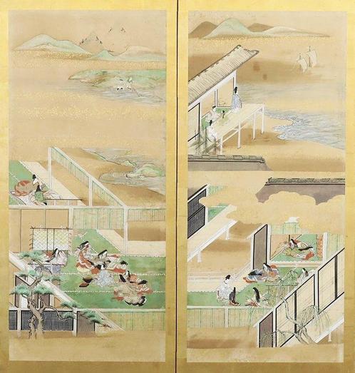 Paravent Bybu - Scène de la cour de Heian avec des accents, Antiek en Kunst, Antiek | Overige Antiek