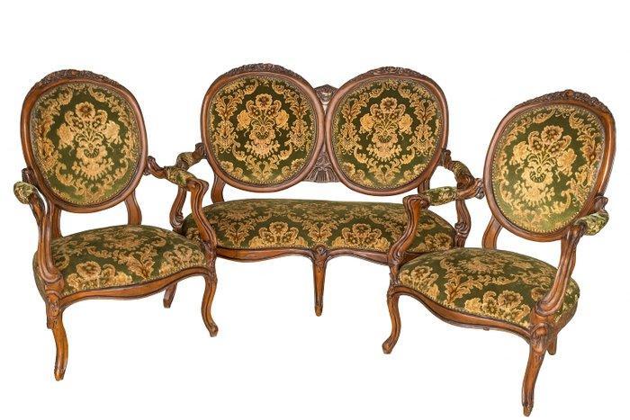 Zitgroep (3) - Hout, Katoen - Woonkamerset, Antiek en Kunst, Antiek | Overige Antiek