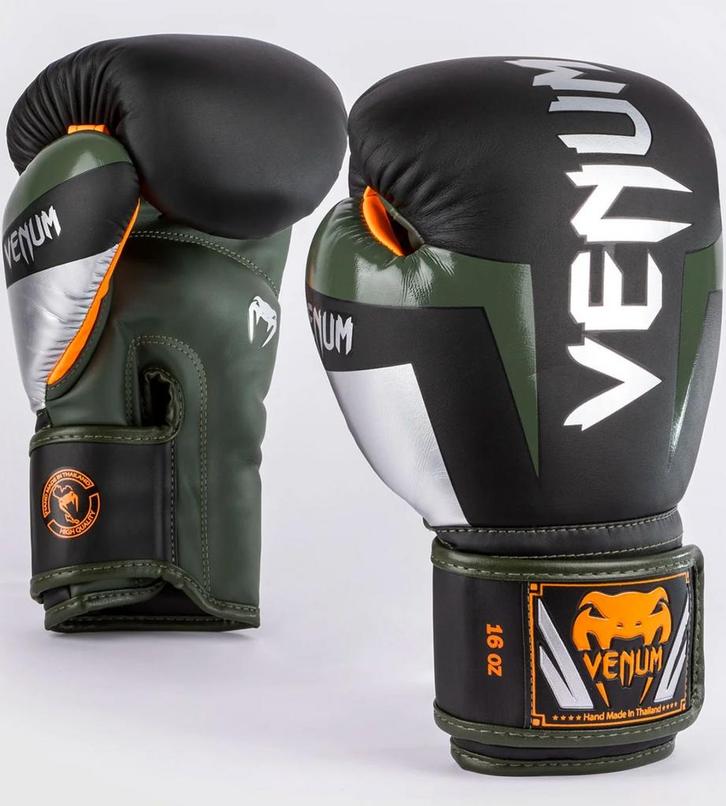 Venum Elite (Kick)bokshandschoenen Zwart Zilver Kaki, Sport en Fitness, Boksen, Bokshandschoenen, Nieuw, Verzenden