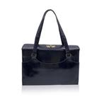 Gucci - Vintage Black Leather Gussetted Handbag Top Handles, Nieuw