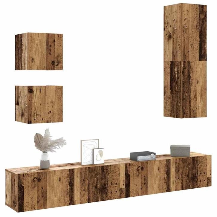 vidaXL 5-delig Tv-meubelset wandmontage bewerkt hout oud, Huis en Inrichting, Kasten |Televisiemeubels, Nieuw, Verzenden