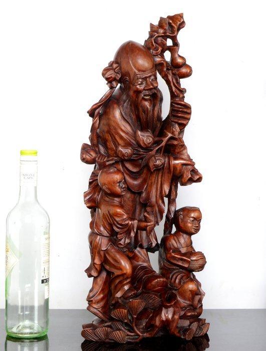 Een groot Chinees Shoulao en jongens-beeld. - Hardhout, Antiek en Kunst, Antiek | Overige Antiek