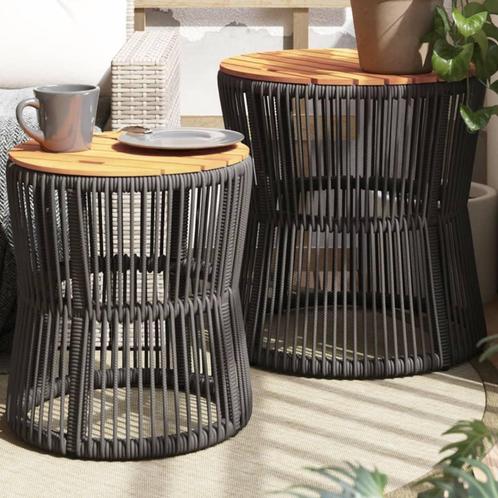 vidaXL Tuinbijzettafels 2 st met houten blad poly rattan, Tuin en Terras, Tuintafels, Nieuw, Verzenden