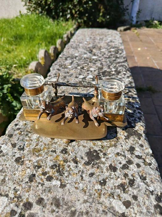 Encrier - Encrier double aux trois chiens - Laiton, Verre, Antiek en Kunst, Curiosa en Brocante