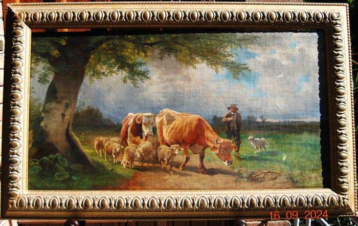 Italiaanse school (XIX) - Mandria al pascolo, Antiek en Kunst, Kunst | Schilderijen | Klassiek