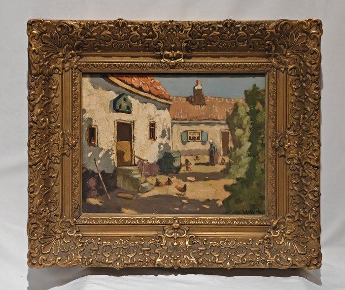 H. Endlich (XX) - Boerderij met boerin en kippen, Antiek en Kunst, Kunst | Schilderijen | Klassiek