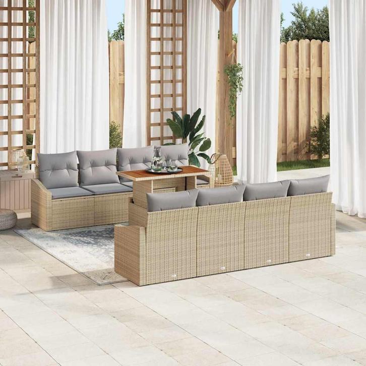 vidaXL Tuin Eettafel Set met kussen 9 pcs Beige en Grijs, Tuin en Terras, Tuinsets en Loungesets, Nieuw, Verzenden