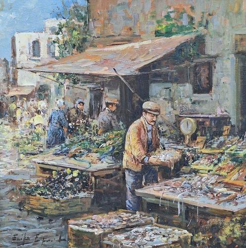 Eniko Esposito (1942-2009) - Mercato del pesce, Antiek en Kunst, Kunst | Schilderijen | Klassiek