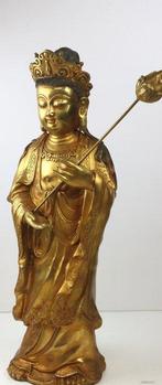 Groot beeld Quan Yin staand - Bronze doré - Chine, Antiek en Kunst