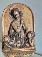 Reliëf, Maria con el niño Jesús - 37 cm - Hout - bladgoud,, Antiek en Kunst