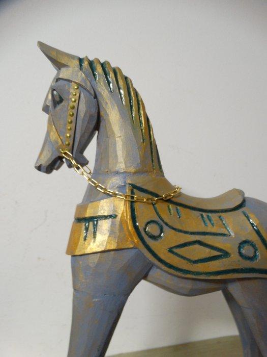 Figuur - Houten hobbelpaard met goud accenten, Antiek en Kunst, Kunst | Designobjecten