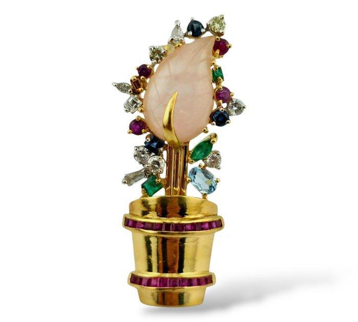 Broche - 18 karaat Geel goud, 18K geelgouden bloempot broche, Handtassen en Accessoires, Antieke sieraden