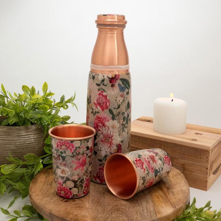 Puur koperen set van fles bloemenprint wit ± 950 ml met 2, Sport en Fitness, Gezondheidsproducten en Wellness, Ophalen of Verzenden