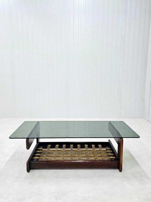 Salontafel - Glas, Hout, Rattan - Braziliaanse rozenhout, Antiek en Kunst, Kunst | Designobjecten