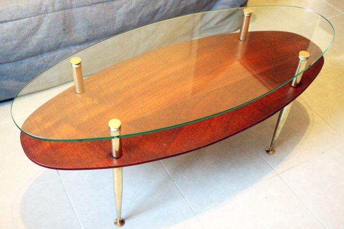Salontafel - Hout, Glas, Messing - Ovale vintage salontafel, Antiek en Kunst, Kunst | Designobjecten