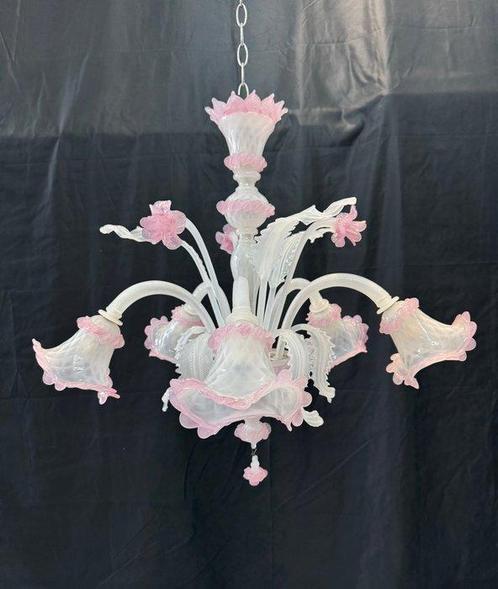 Lustre - Rosa bianco - Verre de Murano - 5 lampes, Antiek en Kunst, Antiek | Verlichting