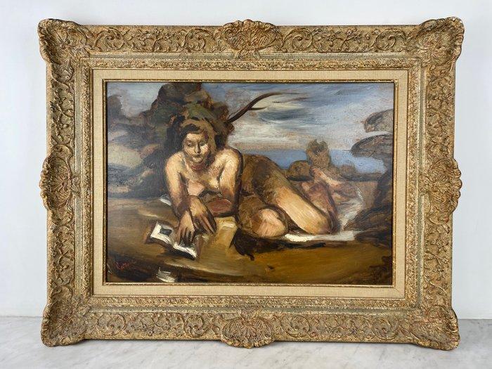 Louis Latapie - Female nude reading, Antiek en Kunst, Kunst | Schilderijen | Klassiek