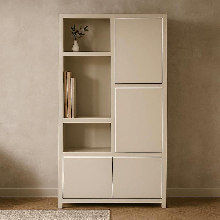 Wandkast Mangohout Evan 120 Crème (3 Open Vakken, 4 Deuren), Maison & Meubles, Armoires | Autre, Envoi