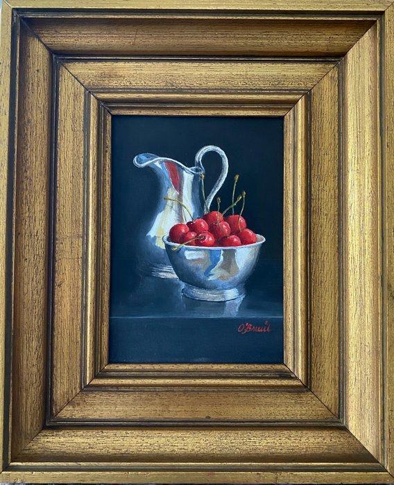 Ben Oude Breuil (1949) - Kersen in een zilveren schaaltje, Antiek en Kunst, Kunst | Schilderijen | Klassiek