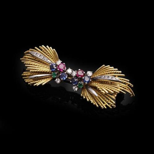 Broche Multigem en Diamond Bow Broche in 18kt Goud, Handtassen en Accessoires, Antieke sieraden